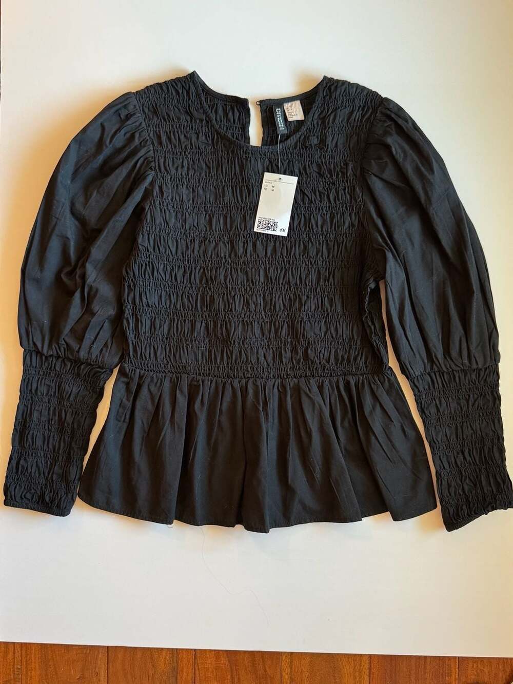 H&M Divided Black Smocked Long Puff Sleeve Peplum Blouse